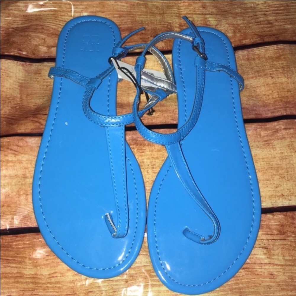 Bright blue T-strap sandals